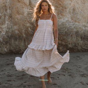 VICI Hanna Printed Ruffle Tiered Maxi Dress Beige